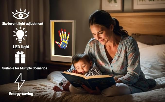 CHERRY CHEERS Family Handprint Kit with Light, Handprint Keepsake Frame, Wooden Led Light, Easy Install, No Need Screw etc, Non-Toxic Paints (White)-CubbioJoy