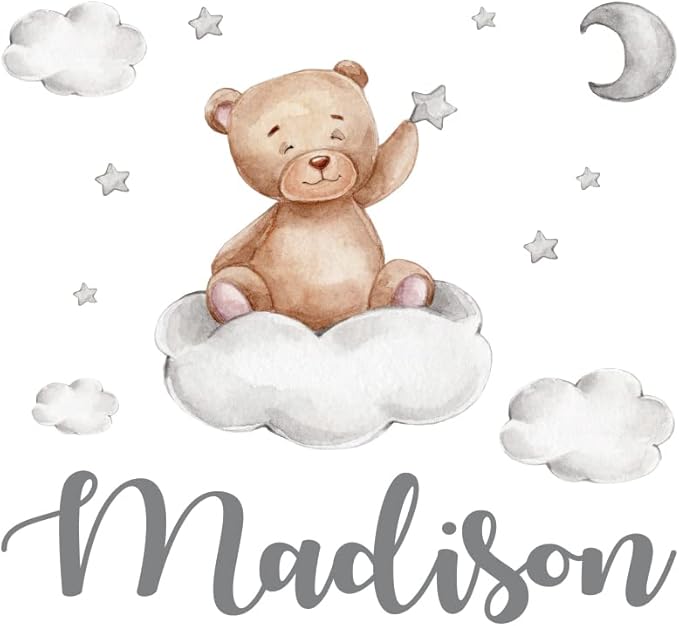 Custom Name Teddy Bear Nursery Wall Decal - Moon, Starts Clouds Watercolor Baby Room Decor for Boys & Girls - Teddy Bear Wall Stickers - Personalized Name Wall Sticker for Nursery playroom-CubbioJoy
