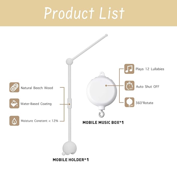 Crib Mobile Arm with Music Box,32.5 Inch White Crib Mobile Stand,Wooden Mobile Arm for Crib (2 Modes,360°Adjustable,100% Beech Wood) Baby Crib Mobile for Boy and Girl-CubbioJoy