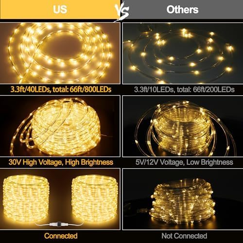 Connectable 66ft 800 LED Rope Lights Outdoor, Warm White Strip Lights Plug in, Outdoor String Lights Waterproof Decorative Lighting for Deck Patio Yard Garden Pathway Pool Camping Room Indoor Décor-CubbioJoy