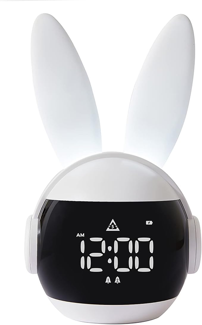 Kids Alarm Clock for Kids, Bunny Alarm Clocks for Girls Boys, White Kid Alarm Clock with Ringtones & Night Light Rechargeable Snoozing-CubbioJoy