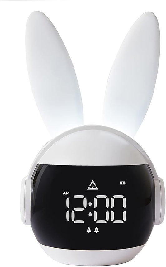 Kids Alarm Clock for Kids, Bunny Alarm Clocks for Girls Boys, White Kid Alarm Clock with Ringtones & Night Light Rechargeable Snoozing-CubbioJoy