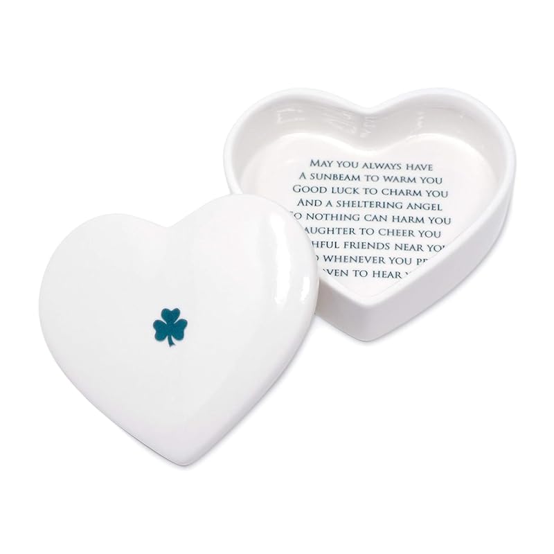 Baptism Gift, First Communion Gift, or Confirmation Gift, Handmade Heart Ceramic Keepsake Box with Irish Blessing and Shamrock in Green-CubbioJoy
