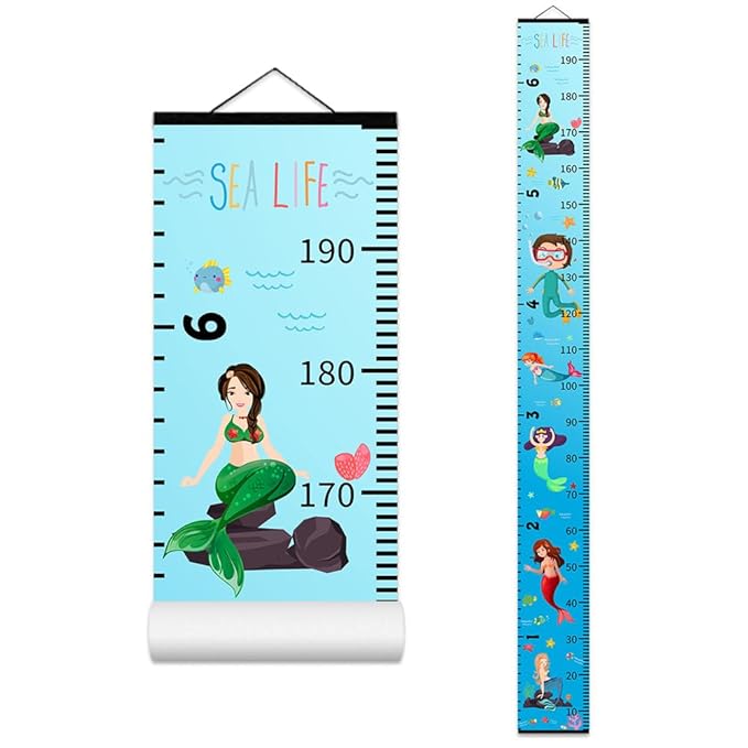 Baby Height Growth Chart - Canvas Height Chart for Kids Baby Child Toddler Boys Girls Growth Chart for Wall Room Nursery Decor Hangable and Removable Measuring Wall Ruler (Mermaid, Black Wood)-CubbioJoy