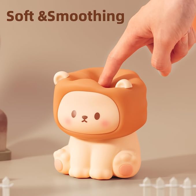 Cute Lion Night Light for Kids, Rechargeable Nursery Lamp with Timer, 3 Brightness Levels & Warm Light, Soft Silicone Baby Night Light, Tap Control, Gift for Toddlers-CubbioJoy