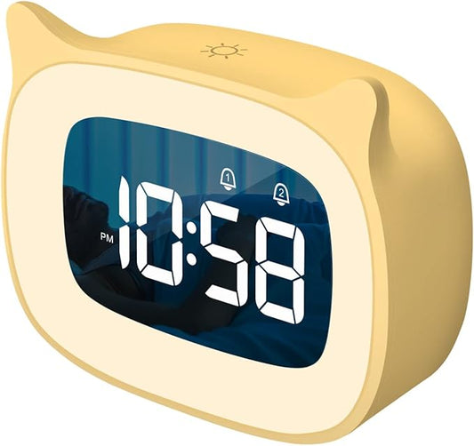 Kids Alarm Clock with Night Light & 18 Ringtones,Rechargeable,Cute Cat Ear Clock for Boys Girls Birthday Presents,Digital Clock for Children's Bedroom(Yellow)-CubbioJoy