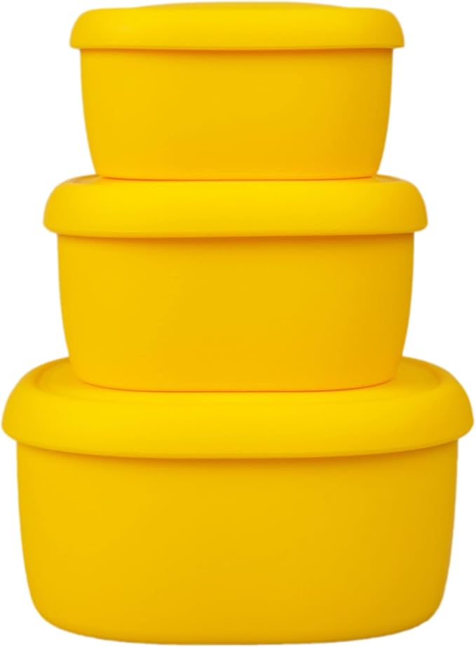 BLUE GINKGO Nesting Silicone Containers - Set of 3 Hard-Shell Silicone Food Storage Containers | BPA Free, Airtight, Dishwasher and Freezer Safe (6.7oz, 10oz, 20oz) - Yellow-CubbioJoy