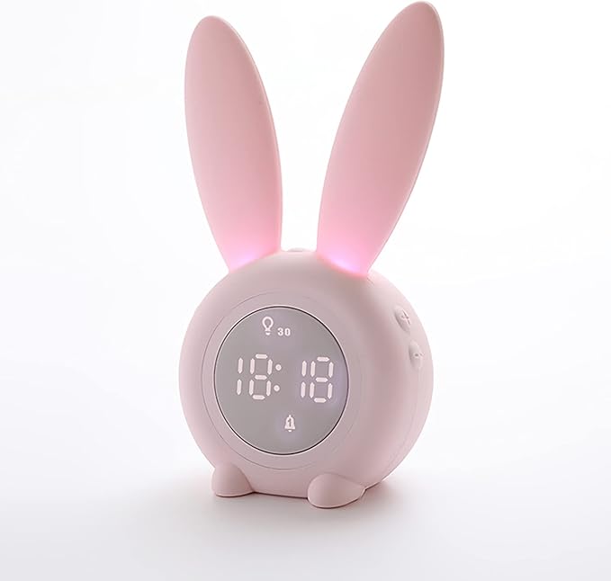 KDtech Kids Alarm Clock with Night Light 6 Ringtones, Cute Pink Bunny Digital Alarm Clock for Kids, Touch Control and Rechargeable Sleep Trainer Clock for Boys Girls Bedroom-CubbioJoy