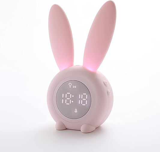 KDtech Kids Alarm Clock with Night Light 6 Ringtones, Cute Pink Bunny Digital Alarm Clock for Kids, Touch Control and Rechargeable Sleep Trainer Clock for Boys Girls Bedroom-CubbioJoy