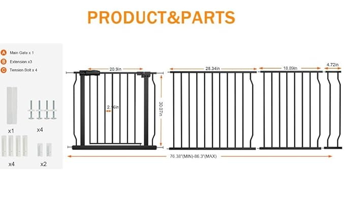 30" Tall Extra Wide Baby Gate for Doorways Stairs Large Long Dog Gates Pressure Mounted Indoor Safety Gates Walk Through Toddler Child Gates for Kids or Pets (Black, 76.38-86.3"/194-219cm)-CubbioJoy