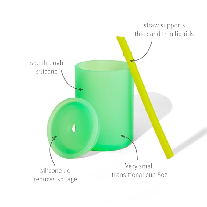Avanchy Silicone Training Sippy Cup with Straw Lid – Tiny Cup for Babies 6+ Months to Toddlers 1 Year Old – 5 oz Infant Water Cup for Baby Led Weaning, See-Thru Green-CubbioJoy