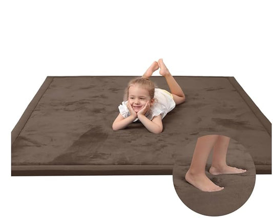 Baby Play Mat for Floor,1.3" Thick Elasti-Foam 50x50 Playpen Mat for Toddlers Infant Kids,Water-Repellent Soft Coral Velvet Tummy Time Mat,Non Slip Crawling Mat,Tatami Mat(Dark Brown)-CubbioJoy