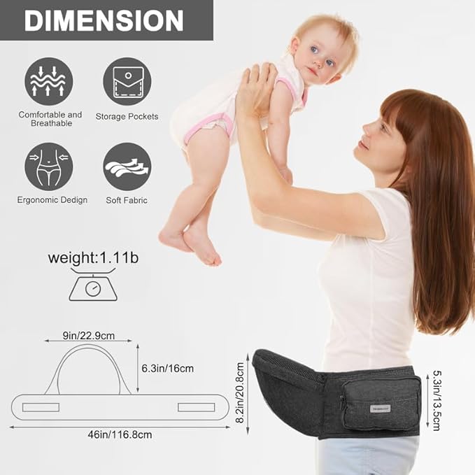 Baby Hip Carrier, Hip Seat Baby Carrierwith Adjustable Waistband, Ergonomic No-Slipped Seat, Breathable Materials for Newborns to Toddlers（Black-CubbioJoy