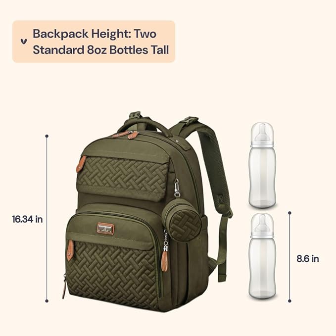 BabbleRoo Diaper Bag Backpack, Travel Backpack with Changing Pad, Pacifier Case & Stroller Straps, Multifunction, Waterproof, Unisex – Army Green-CubbioJoy
