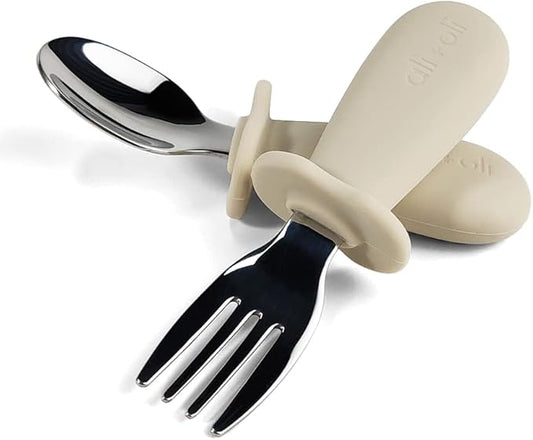 Ali+Oli Spoon & Fork Learning Set for Toddlers (Khaki) 6m+ Grab Easy BPA Free Food-Grade Silicone Handle, Kids Silverware Self Feeding Baby Utensils, Multi-stage Baby Feeding Set Ergonomic Design-CubbioJoy