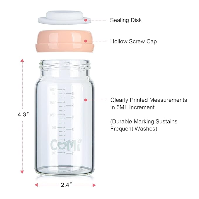 COMI Wide Neck Glass Breastmilk Collection n Storage Bottle, 6oz with Screw Ring Sealing Disk; Re-markable Sealing Disc. BPA Free, Fits Breast Pumps & Nipples (Pink Lids)-CubbioJoy