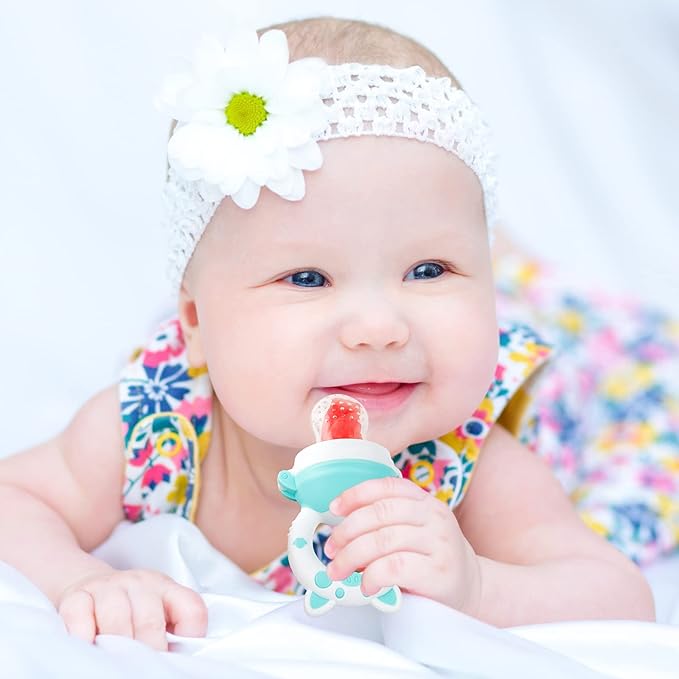 Baby Solids/Frozen Fruit Feeder Pacifier, Infant Teether Toy 4M+, BPA-Free Silicone Pouch & Nipple, Safely Introduce Solids, Teething Relief, 2-Pack (Piglet - Mint Green Pink, S/M/L)-CubbioJoy