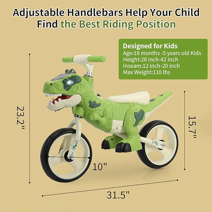 Dinosaur-Themed Toddler Balance Bike Toys for 2-7 Year Old Girls & Boys - Music & Lighting Effects, No-Pedal Training Bike, Best Gifts for Kids with Carbon Steel Frame & Adjustable Handlebar-CubbioJoy