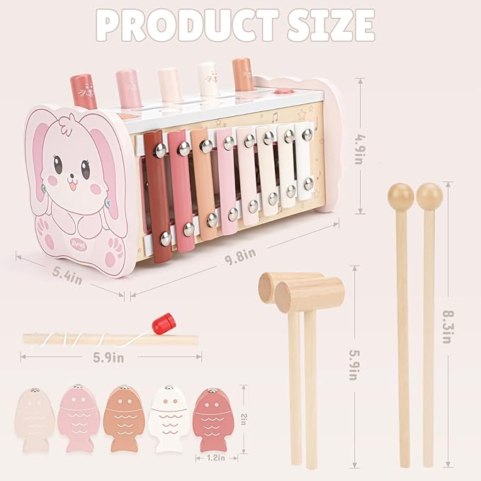 Joyreal Montessori Toys for 1 Year Old Girl Gift - Pink Wooden Hammering Pounding Toy with Xylophone & Fishing Game - Toddler Learning Activities for Kids 1+ 2 3 Year Old Christmas Birthday Gifts-CubbioJoy