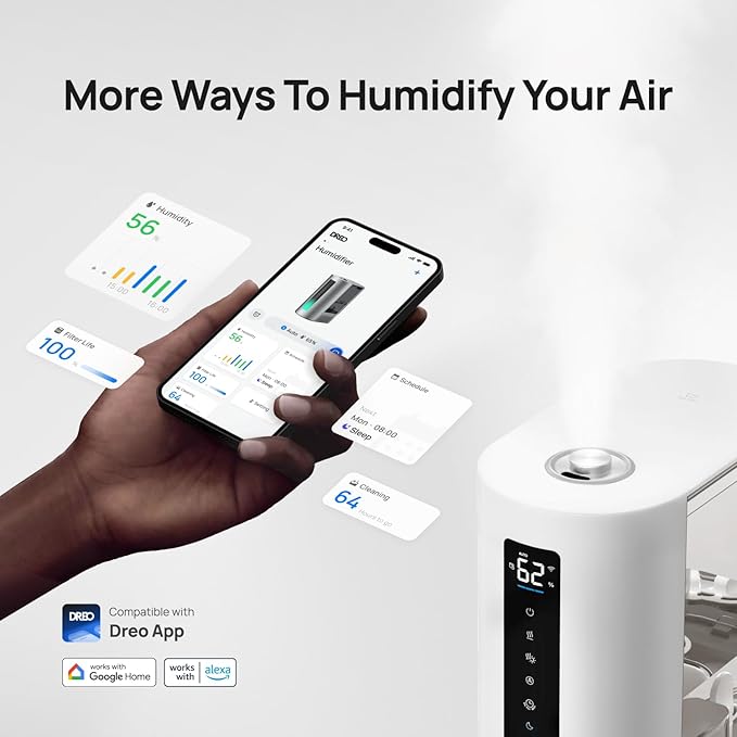 Dreo 6L Humidifiers for Bedroom, Smart Warm & Cool Mist for Large Room, 60Hr Quiet Runtime for Baby, Plant, Humidity Sensor, Indicator Light, 12H Timer, Google/Alexa, White-CubbioJoy