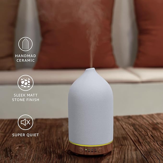 200ML Ceramic Essential Oil Diffuser - Ultrasonic Aromatherapy & Humidifier with 7-Color LED Lights, Auto Shut-Off, Wood Grain Base, 1H/3H/6H Timer | Scent for Home, Office, Yoga-CubbioJoy