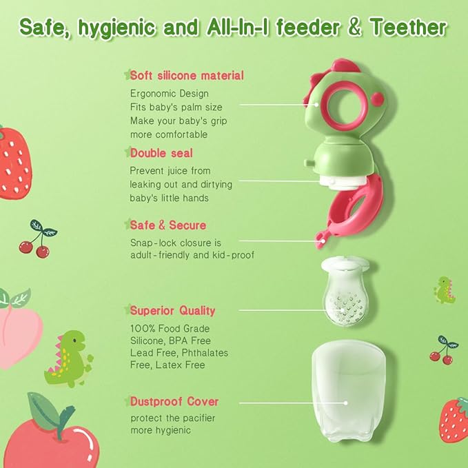 Baby Fruit Food Feeder - Silicone Nibble Tray Combo - Breastmilk Popsicle Mold for Cooling Relief, BPA Free Mesh Feeder for Infant Self Feeding (Dinosaur Green + Pineapple)-CubbioJoy