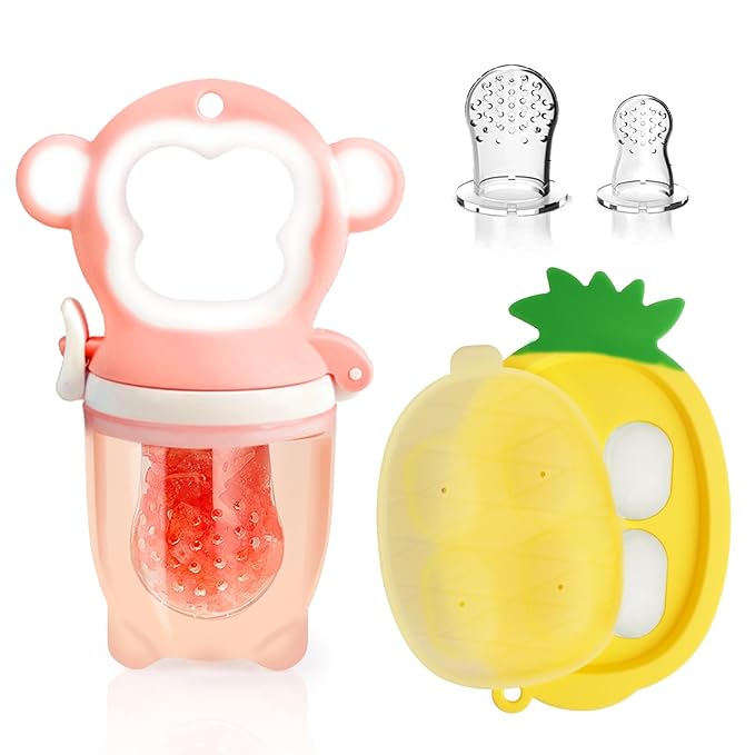 Baby Fruit Food Feeder - Silicone Nibble Tray Combo - Breastmilk Popsicle Mold for Cooling Relief, BPA Free Mesh Feeder for Infant Self Feeding (Monkey Pink + Pineapple)-CubbioJoy