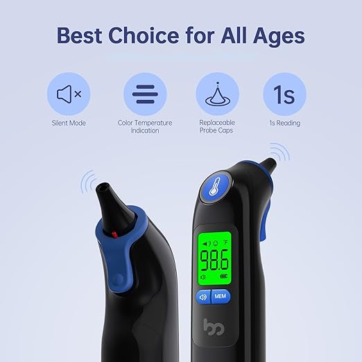 Ear Thermometer, Highly Accurate Ear Thermometer for Kids, Adults and Babies, 30 Memory Recall, 1s Result and 3-Color Fever Alert, with 24 Disposable Probe Covers, Blue-CubbioJoy