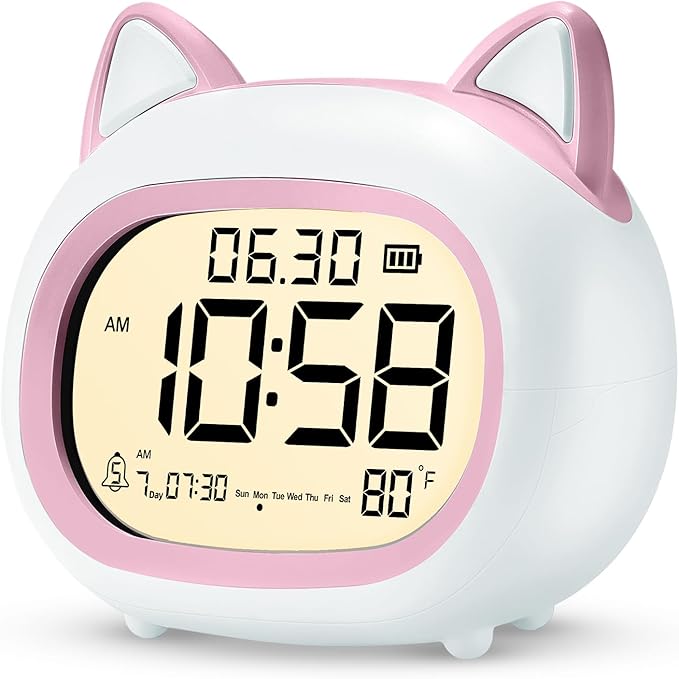 Kids Alarm Clock with Night Light for Kids, Small Digital Alarm Clocks for Bedrooms, Routine Builder, Cute Cat Alarm Clock with Sleep Training, Snooze, 12/24H, Date & Day, Temperature, USB Port-CubbioJoy