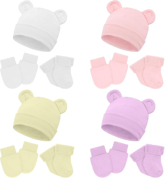 Cuffbow 4 Pcs Preemie Hats Mittens and Socks Set Preemie Mittens Warm Terry Socks for Baby-CubbioJoy
