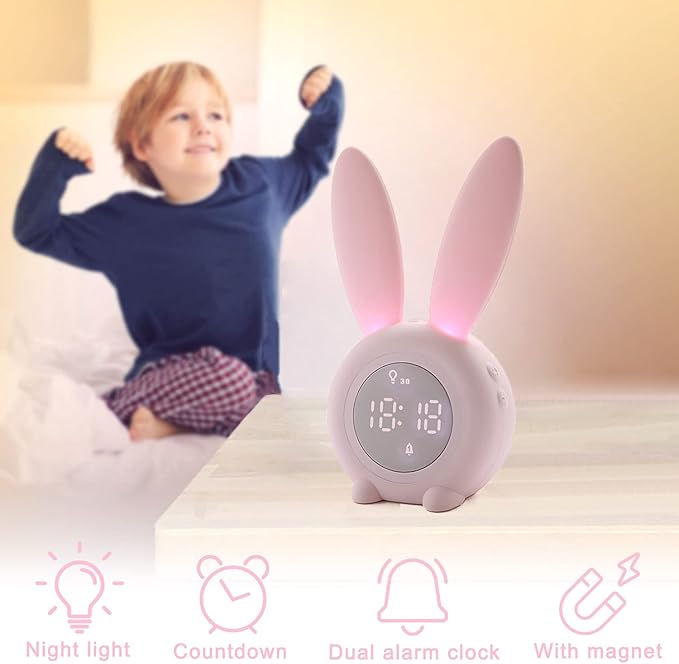 KDtech Kids Alarm Clock with Night Light 6 Ringtones, Cute Pink Bunny Digital Alarm Clock for Kids, Touch Control and Rechargeable Sleep Trainer Clock for Boys Girls Bedroom-CubbioJoy