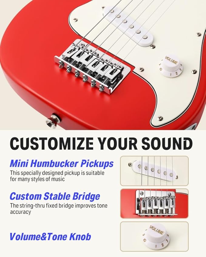 Donner 30 Inch Kids Electric Guitar Beginner Kits ST Style Mini Electric Guitar for Boys Girls with Amp, 600D Bag, Tuner, Picks, Cable, Strap, Extra Strings, DSJ-100, Red-CubbioJoy