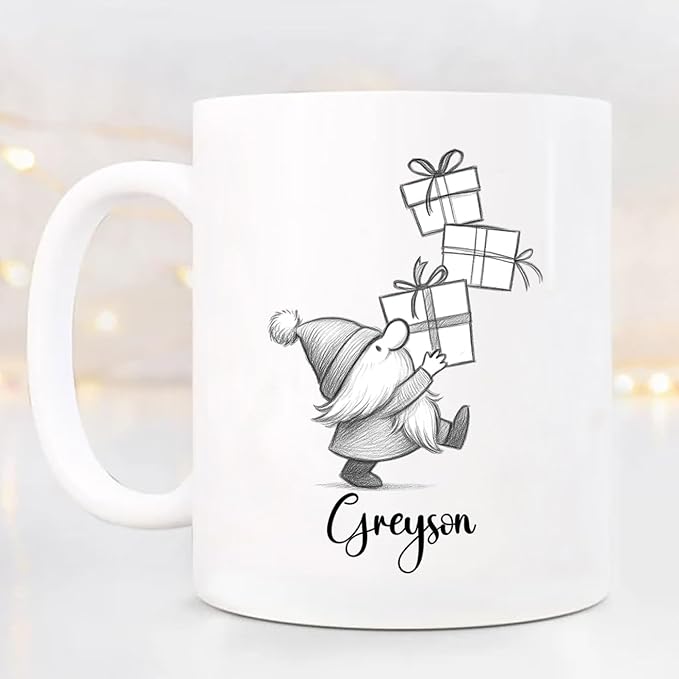 Cute Gnome With Box Accent Mug Cup Gift, Personalized Choose Name Gnome Ceramic Teacup 11 Oz 15 Oz, Unique Coffee Mug Gift For Gnomes Lover Kids Child Birthday, Custom Gnomes White Travel Mugs Gifts-CubbioJoy