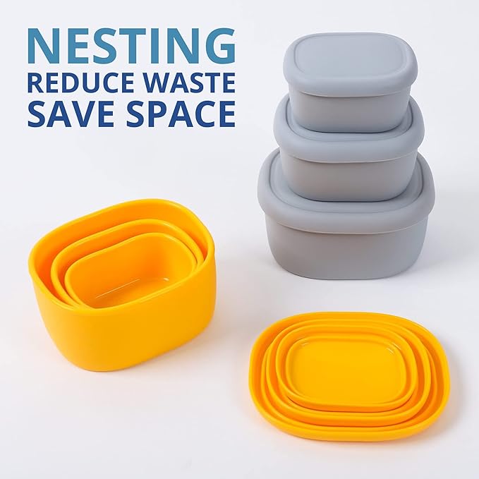 BLUE GINKGO Nesting Silicone Containers - Set of 3 Hard-Shell Silicone Food Storage Containers | BPA Free, Airtight, Dishwasher and Freezer Safe (6.7oz, 10oz, 20oz) - Yellow-CubbioJoy