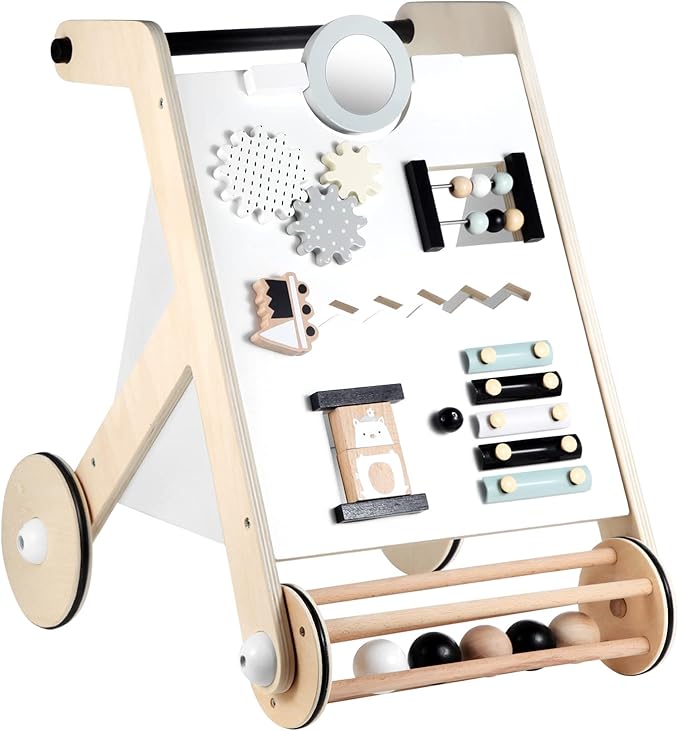 Beright Wooden Baby Walker with Roller, Push and Pull Learning Activity Walker, Multi-Functional Kids’ Activity Toy, Multiple Activities Center, Develops Motor Skills & Stimulates Creativity, Natural-CubbioJoy