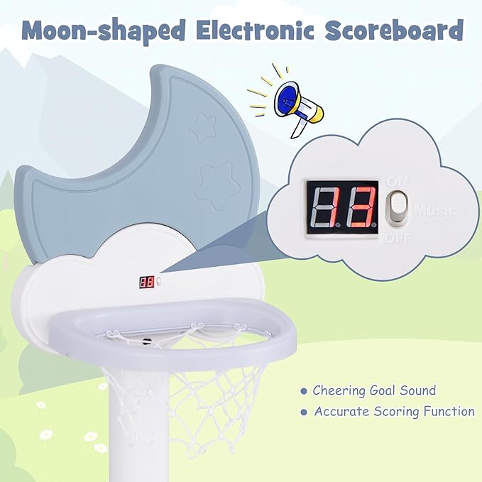 Costzon Kids Basketball Hoop with Electronic Scoreboard Cheer Sound, 4 in 1 Height Adjustable Toddler Basketball Hoop with Soccer, Golf, Ring Toss Game for Indoor Outdoor, Gift(Light Blue Moon)-CubbioJoy