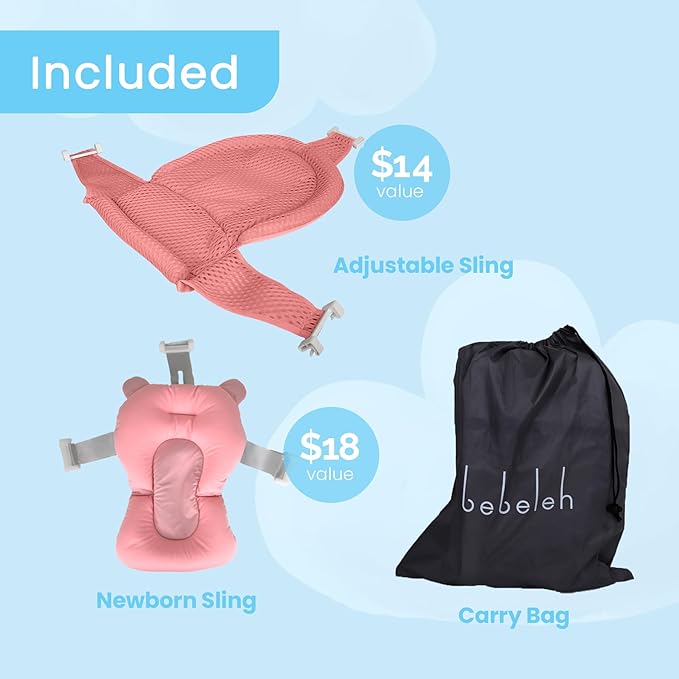 BEBELEH™ Collapsible Baby Bathtub with Thermometer – Bathtub + Baby tub Sling + Newborn Sling – Baby Bathtub Newborn to Toddler 0-24 Months – The Ultimate Baby Bath tub! (with Thermometer,Pink)-CubbioJoy
