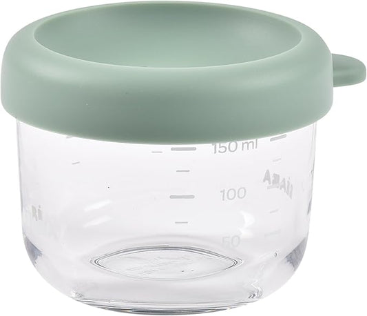 BEABA 5 oz Glass Baby Food Jars with Soft Silicone Air Tight Lids, Glass Storage Containers with Lids, Microwave and Freezer Safe Containers, Sage Green-CubbioJoy