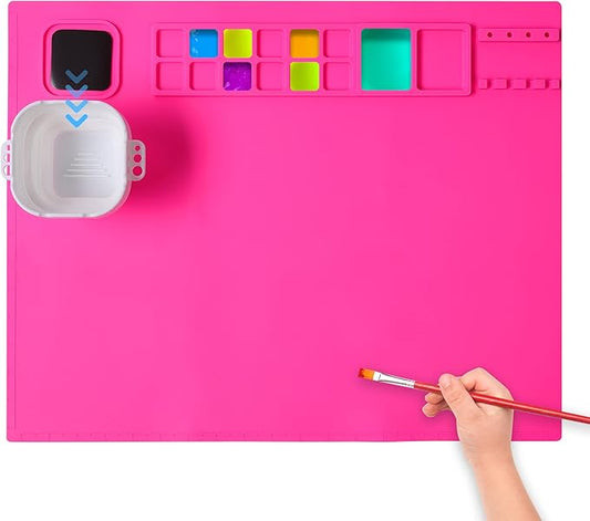 AWOKE Silicone Painting Mat - 20"X16" Silicone Art Mat with 1 Water Cup for Kids - Craft Mat has12 Color Dividers - 2 Paint Dividers (Rose)-CubbioJoy