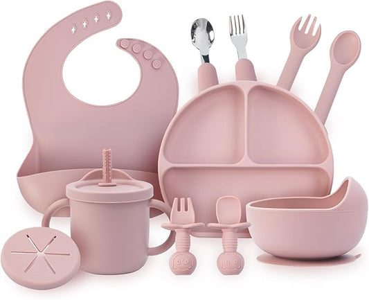 Baby Feeding Set, 13PCS Silicone Baby Self Feeding Set, Toddler Led Weaning Utensils Set with Suction Bowl and Plate, 3 Set of Baby Spoon and Fork, Adjustable Bid, Sippy Cup with Straw and 2 Lids-CubbioJoy