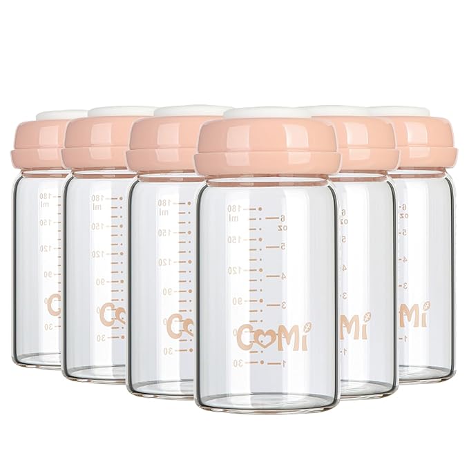 COMI Wide Neck Glass Breastmilk Collection n Storage Bottle, 6oz with Screw Ring Sealing Disk; Re-markable Sealing Disc. BPA Free, Fits Breast Pumps & Nipples (Pink Lids)-CubbioJoy