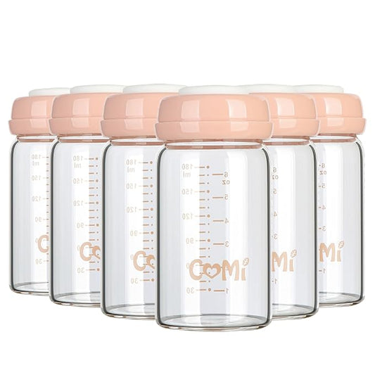 COMI Wide Neck Glass Breastmilk Collection n Storage Bottle, 6oz with Screw Ring Sealing Disk; Re-markable Sealing Disc. BPA Free, Fits Breast Pumps & Nipples (Pink Lids)-CubbioJoy