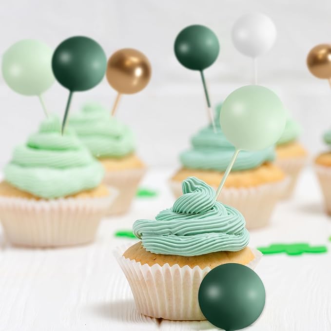 75 Pcs Cake Balls Topper Decorations Foam Cupcake Topper Mini Balloon Cake Topper Balls Cake Picks for Cake Deco Birthday Party Wedding（Green,Gold, White）-CubbioJoy