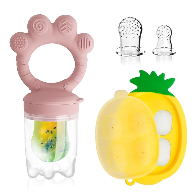 Baby Fruit Food Feeder - Silicone Nibble Tray Combo - Breastmilk Popsicle Mold for Cooling Relief, BPA Free Mesh Feeder for Infant Self Feeding (Claw Pink + Pineapple)-CubbioJoy