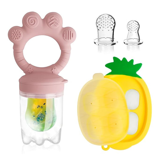 Baby Fruit Food Feeder - Silicone Nibble Tray Combo - Breastmilk Popsicle Mold for Cooling Relief, BPA Free Mesh Feeder for Infant Self Feeding (Claw Pink + Pineapple)-CubbioJoy