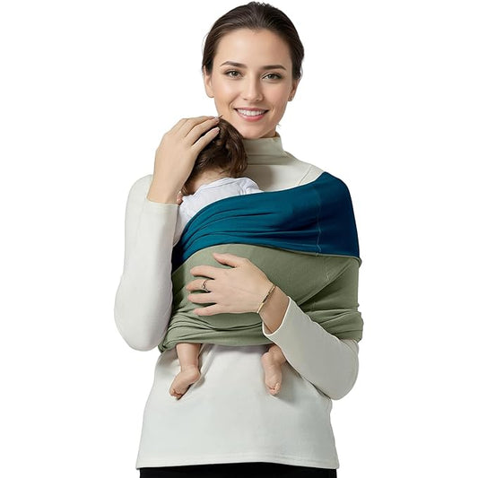 Baby Wrap Carrier, Lightweight Baby Wearing Wraps for Newborn and Infant, Soft Swaddle Holder Carrier, Cozy Baby Sling 7-35 lbs Blue+Green-CubbioJoy