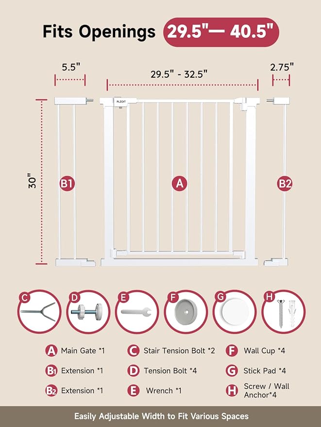 29.5-40.5" Baby Gate for Stairs, Dog Gate for Doorways, Walk Thru Auto Close Metal Baby Safety Gate for The House, Stairs and Doorways, Child Gate Pressure Mounted, Pet Gate for Dog Indoor - White-CubbioJoy