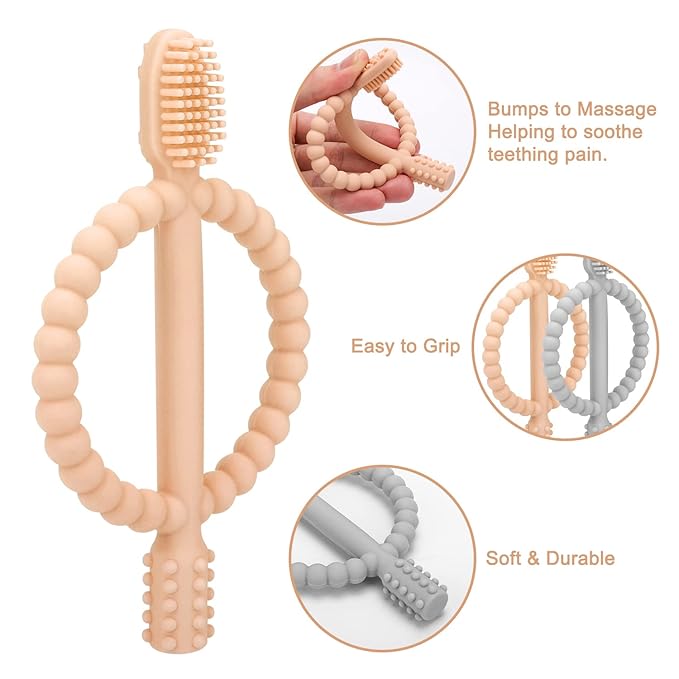 Baby Teething Toys with Easy-Hold Handle, Silicone Infant Toothbrush, Textured On Both Sides Helps Massage, Soothe Sore Gums, Teething Toys for Babies 0-6 Months, 6-12 Months Peach Powder & Gray-CubbioJoy