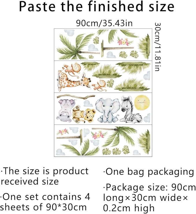 56.29 x 44.88 Inch Watercolor Animal Wall Decals - Jungle Stickers With Tiger, Elephant, Zebra, Giraffe, Monkey, Hippo for Baby Nursery, Bedroom, Classroom, Kindergarten Decor-CubbioJoy