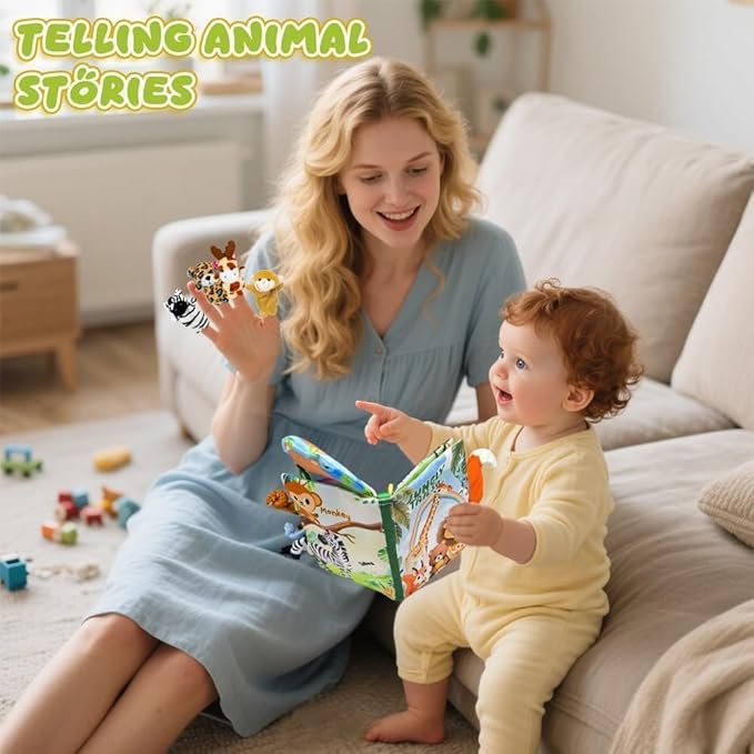 Baby Toys 0-6 Month, Crinkle Books for Babies, Jungle Tails Soft Baby Cloth Books 6 to 12 Months with 10 Pcs Jungle Animal Finger Puppets, Infant Tummy Time Sensory Toys, Newborn Gifts for Boys Girls-CubbioJoy